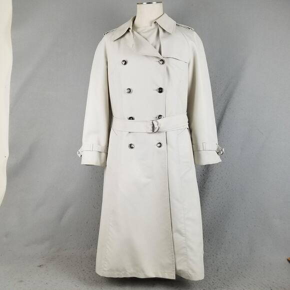 Vintage London Fog Trench Coat Womens 14 Reg Beige Belted Double Breasted Khaki - Picture 1 of 16